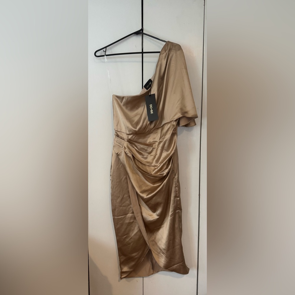 DO+BE One-Shoulder Satin Dress in Gold-Taupe - Picture 1 of 3